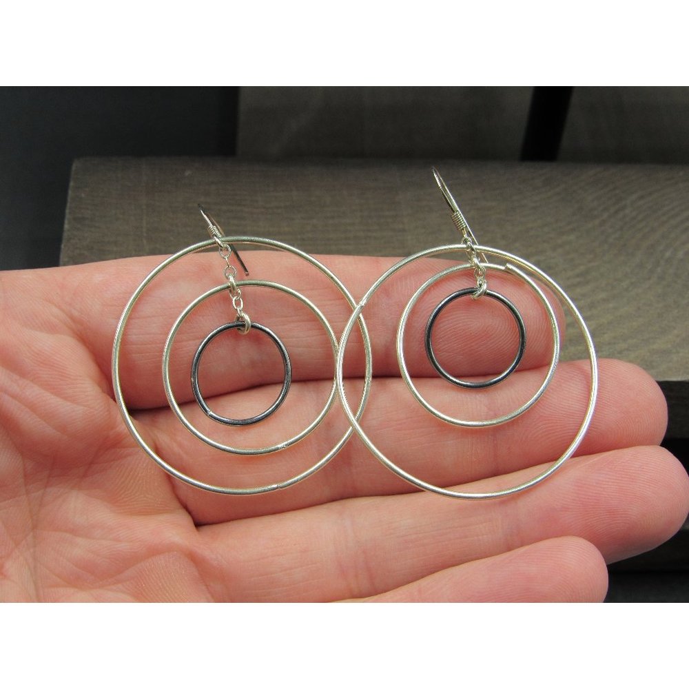 Sterling Silver Triple Circle Two Tone Hoop Design Earrings Vintage Wedding